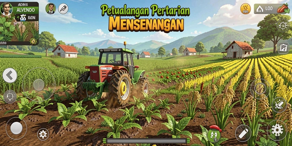 Screenshot gameplay ALVENDO menampilkan ladang dengan tanaman dan hewan.