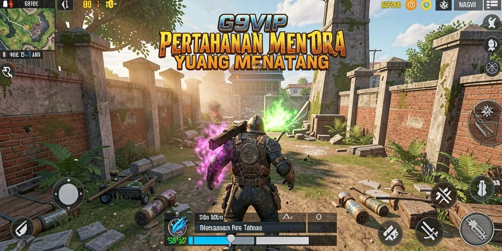 Gameplay G9VIP menampilkan menara bertahan melawan serangan musuh.