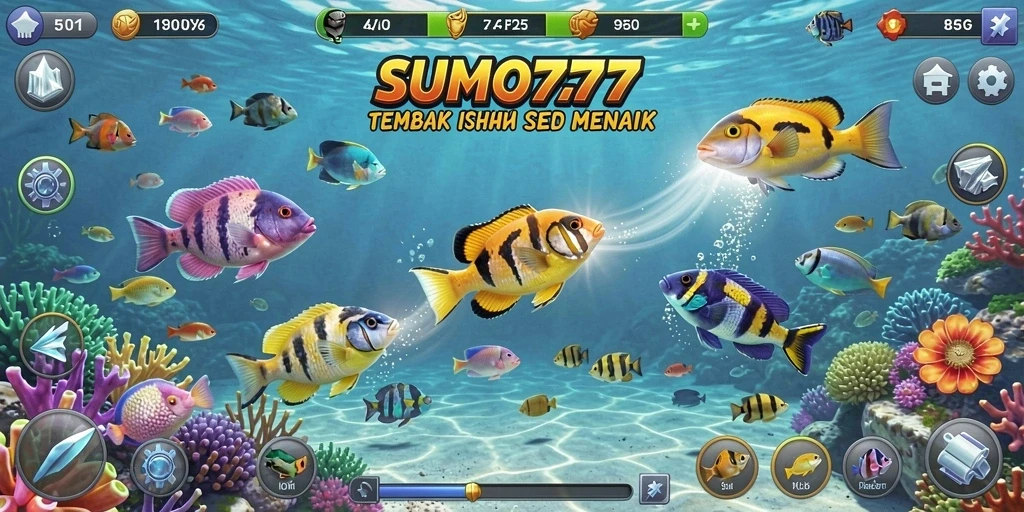 Tampilan gameplay SUMO777 yang seru dan mendebarkan saat berburu ikan.