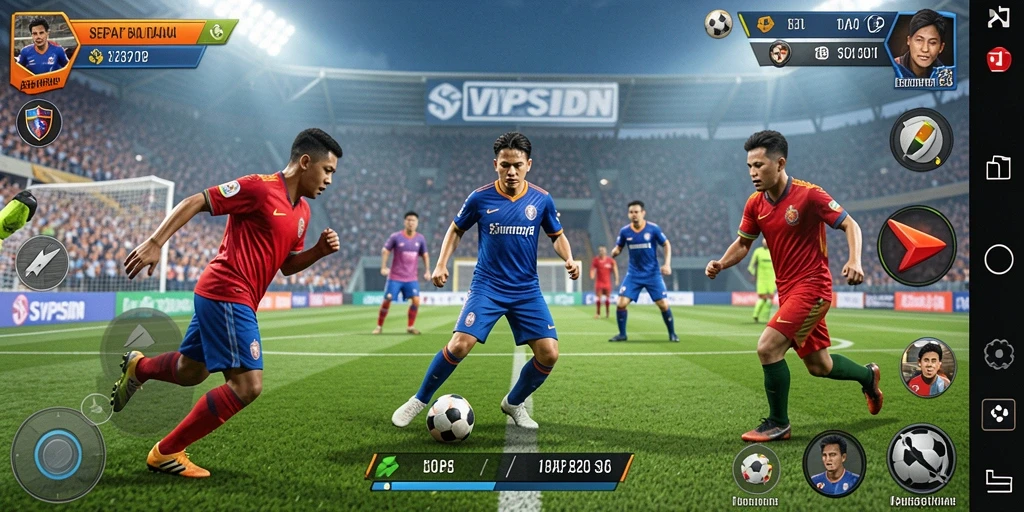 Screenshot gameplay dari SVIPSIDN yang menampilkan pertandingan sepak bola yang seru.